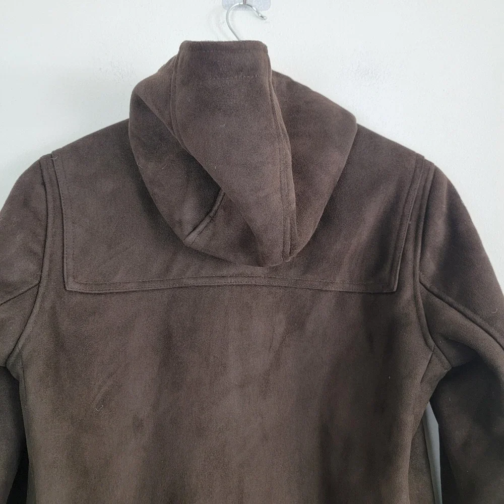 Chaps est 1978 Duffle Coat Womens Small Brown Faux Fur Suede Hooded Long‎ Sleeve